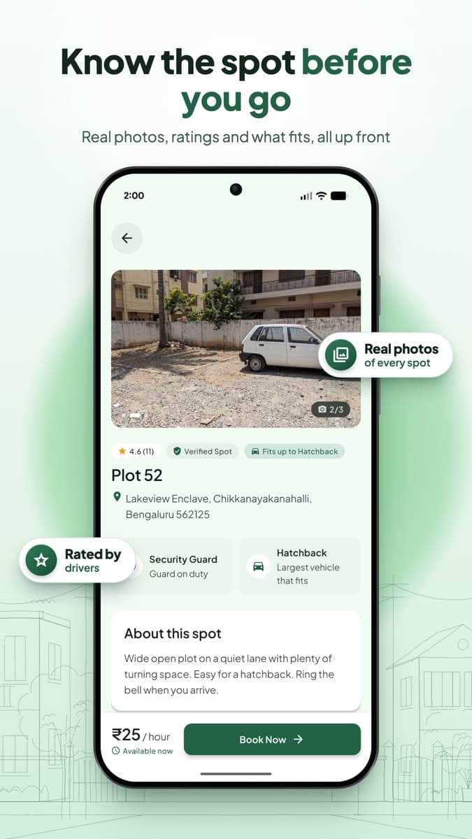 ParkSaathi parking spot details with photos and ratings